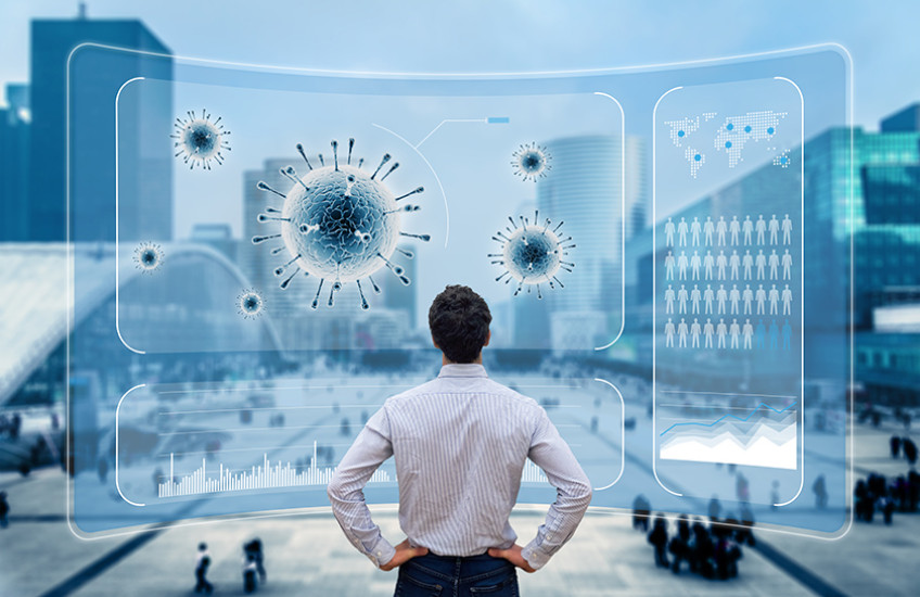 Person facing landscape and viral particles in the air