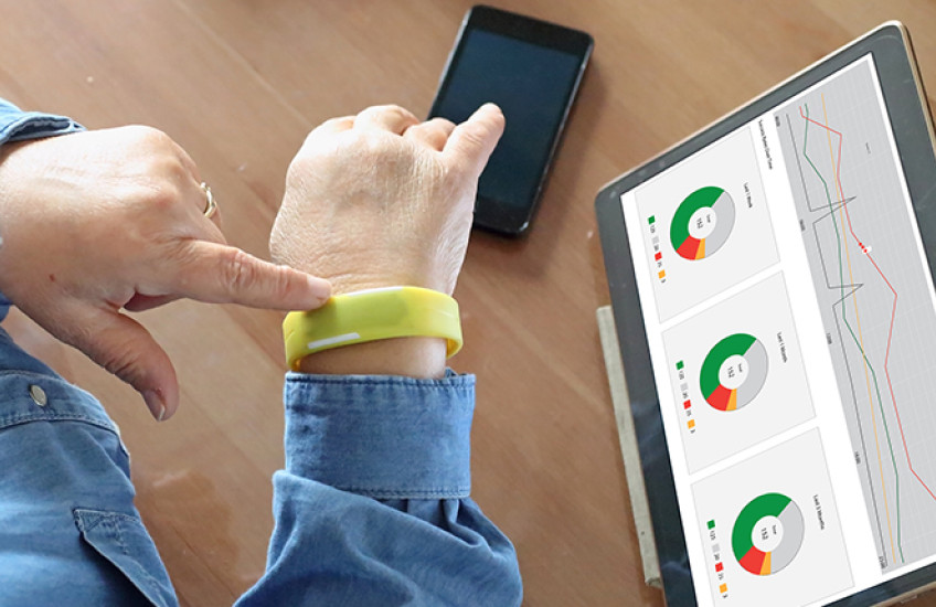 woman's wrist with smart watch and tablet with health data