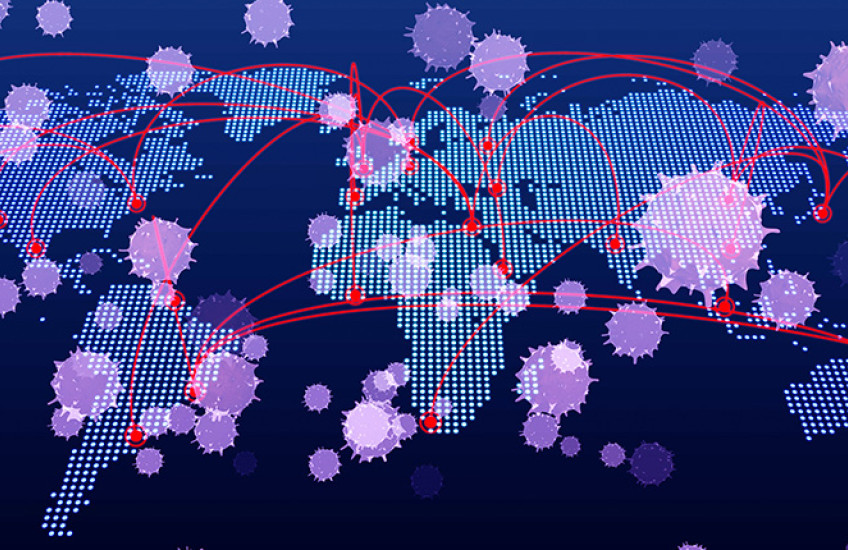 digital illustration of the world, connecting lines and floating viruses