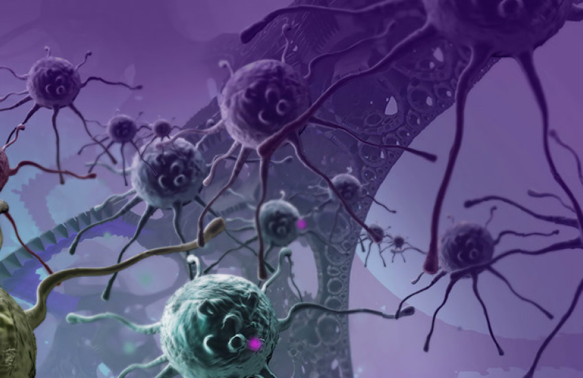 Close digital image of bunch purple and yellow cancer cells