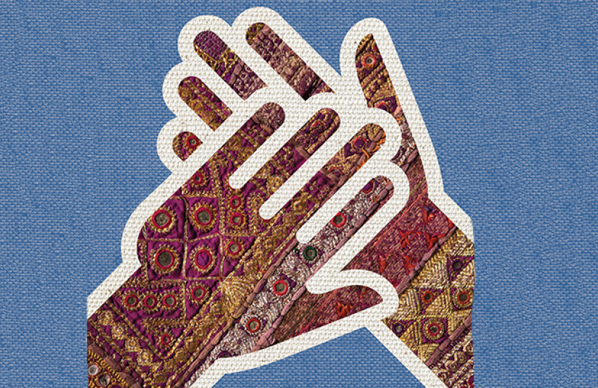 illustration of crossed hands with a textured knitted-looking surface