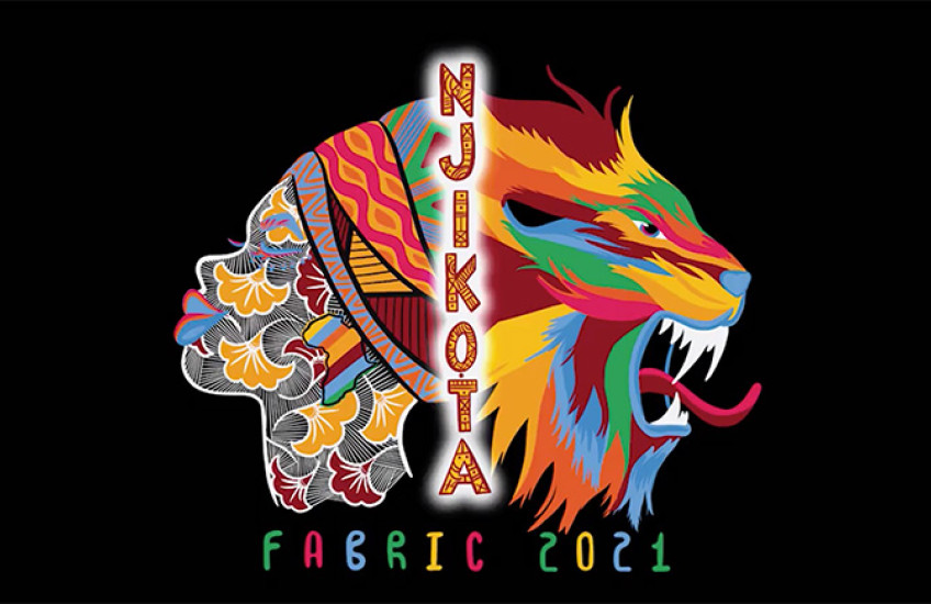 Fabric logo with multi-colored illustration of African woman and colorful lion with the word Njikota on black background