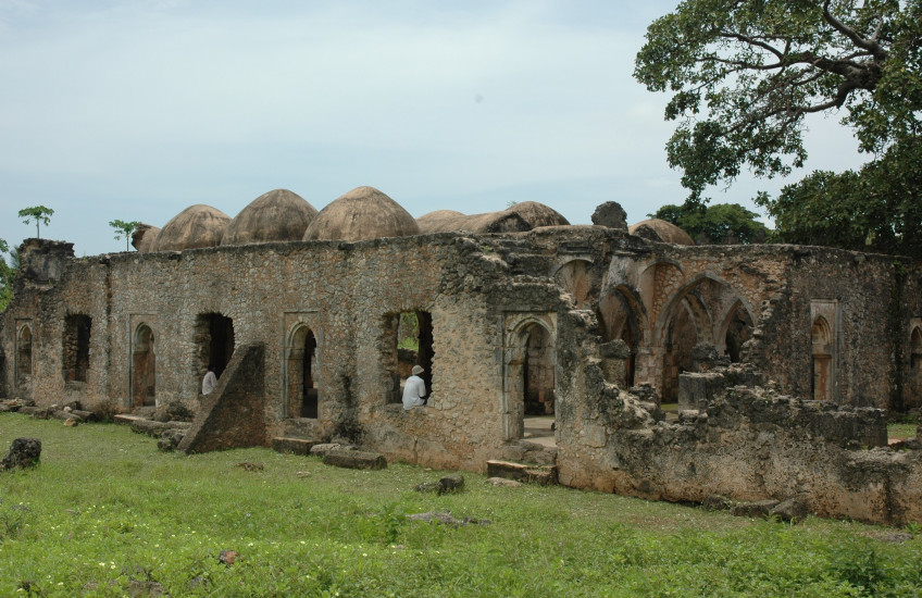 ruins of a long stone wall with domed features amid grass