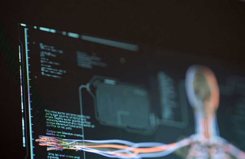 Computer screen with a digital image of a human skeleton 