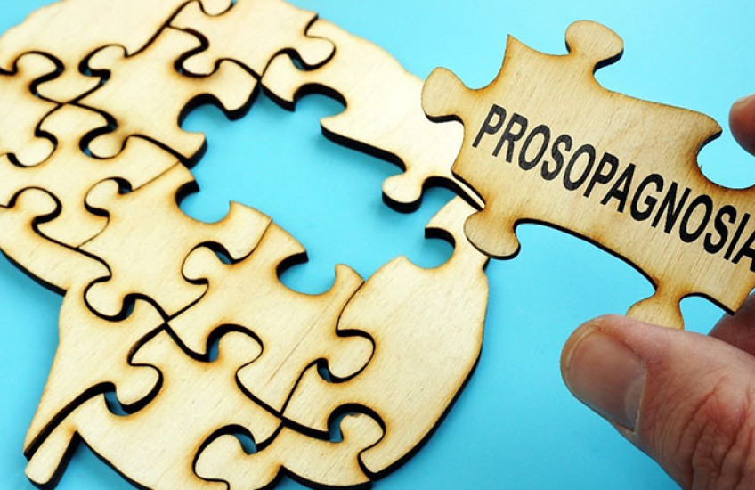 A hand holds a puzzle piece that reads "prosopagnosia" above a puzzle in the shape of a human brain