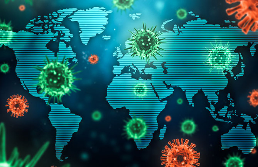 An illustrated map of the world with hovering viral particles