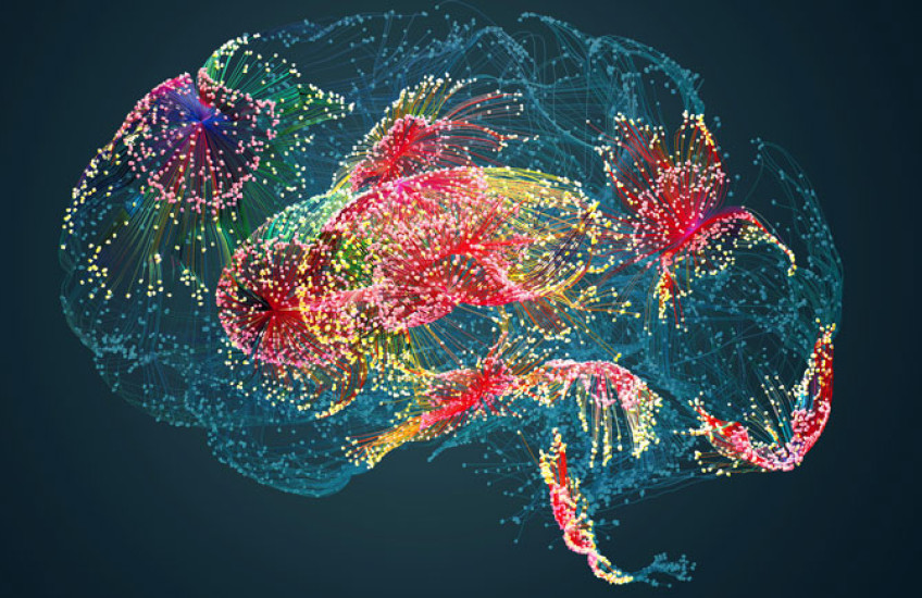 An abstract drawing of a teal brain with bright patches of color