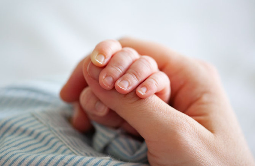 A close up of an adult grasping the hand of an infant