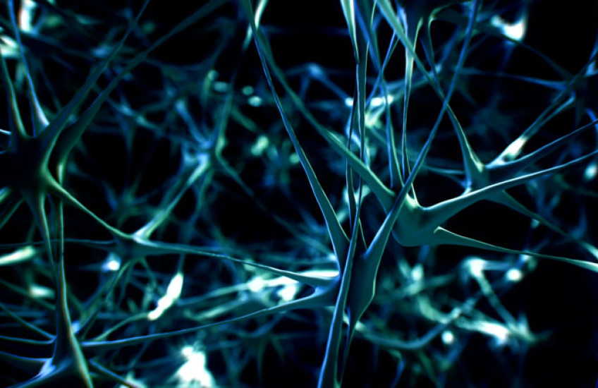 A network of blue neurons with sporadic bursts of light