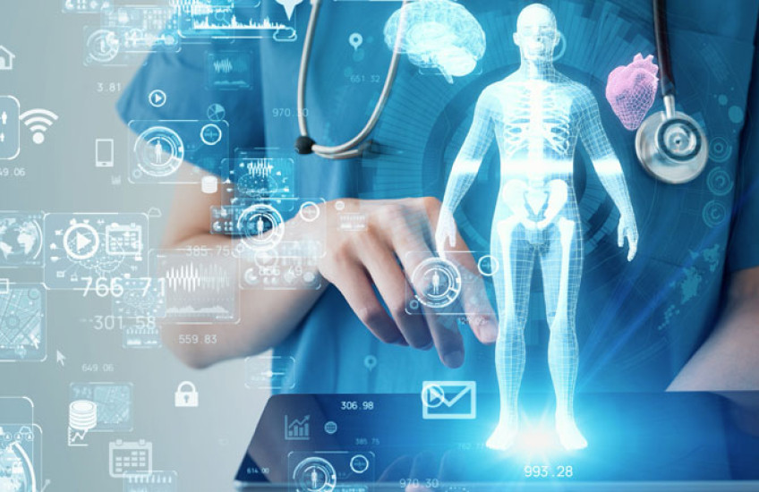 Illustration of a person in blue scrubs touching a screen with a hologram of the human body