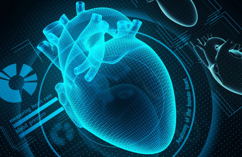 Illustration of a heart x-ray with technology around it, such as a CD