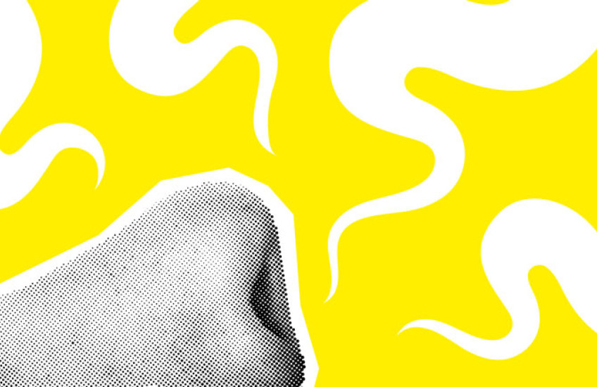 A stylized nose illustration on a yellow background with white smell lines 