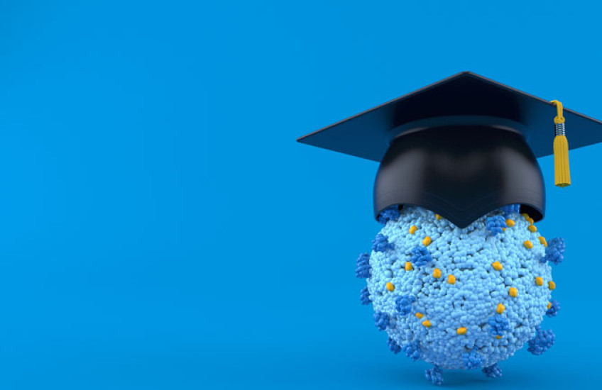 Illustration of a coronavirus with a mortarboard on top of it