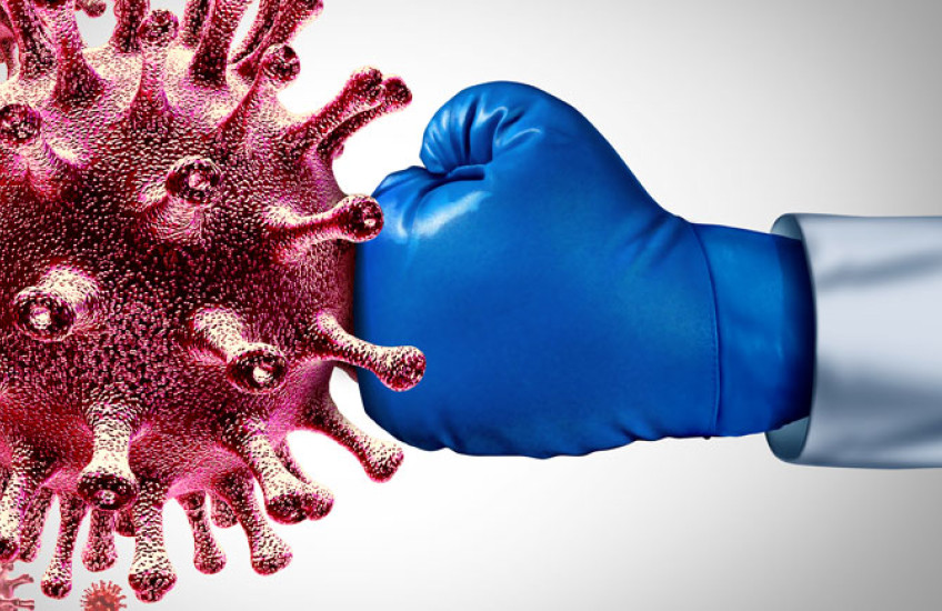 illustration of a boxing glove punching a covid virus