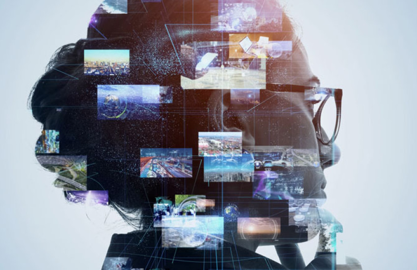 A close-up of a person's head in profile, overlaid with multiple squares showing different scenes