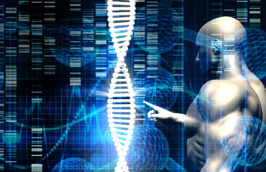Illustration of robot-like figure touching a DNA strand