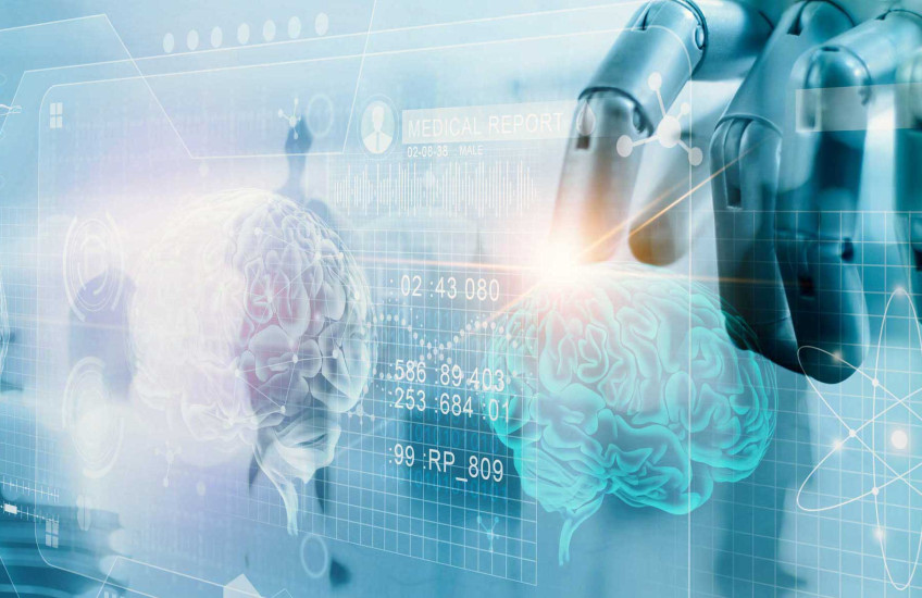 Graphic illustration of robot hand and medical chart 