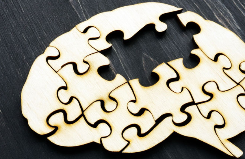 Illustration of a brain made out of puzzle pieces, with one piece removed 