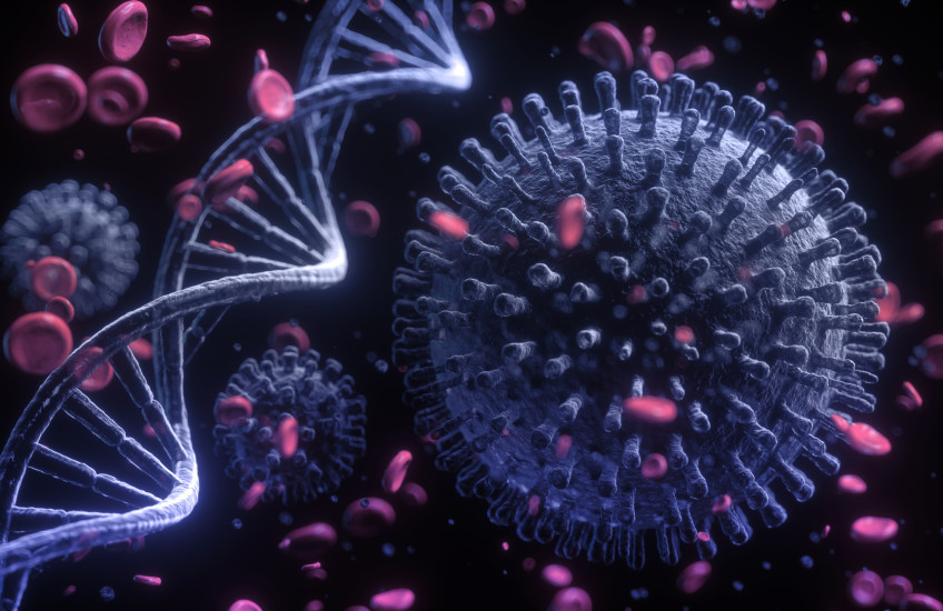 DNA strand with SARS-CoV-2 pink and blue