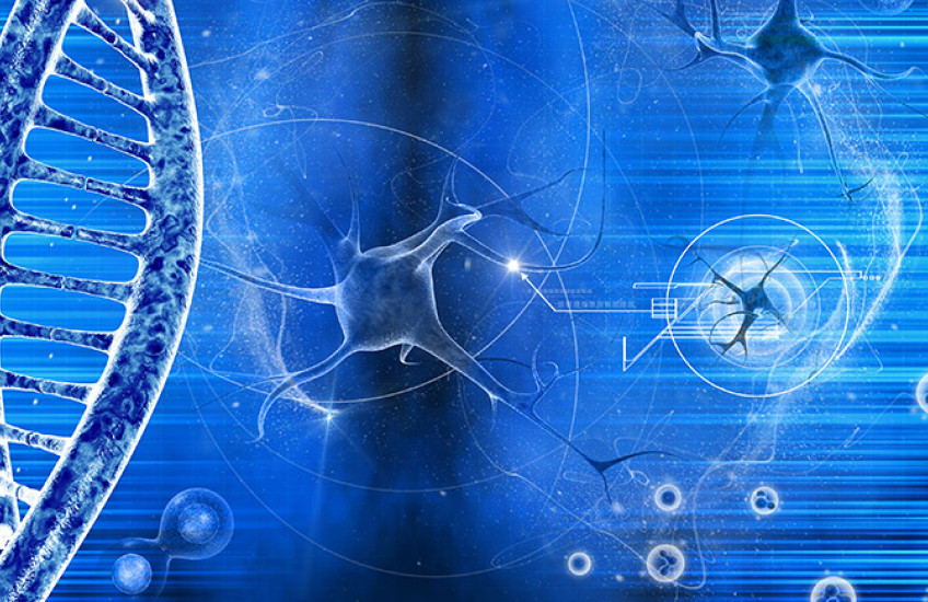neuron and dna on blue background