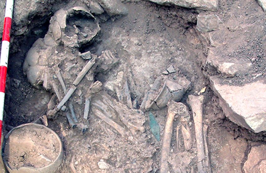 Two skeletons in an exhumed gravesite, with scale bars