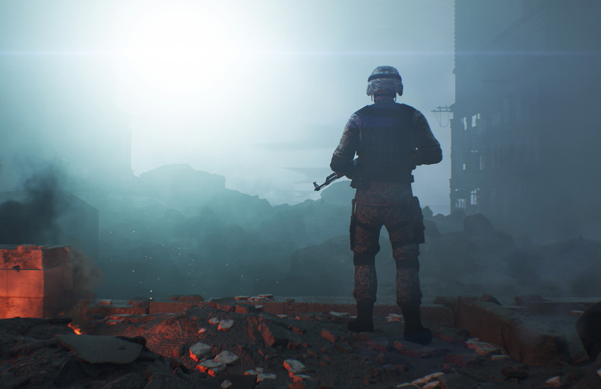 Stock photo illustration of a soldier holding a machine gun in smoking, burning ruins.