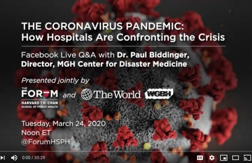 An illustration of the conornavirus with text describing an event about how hospitals are confronting the pandemic.  