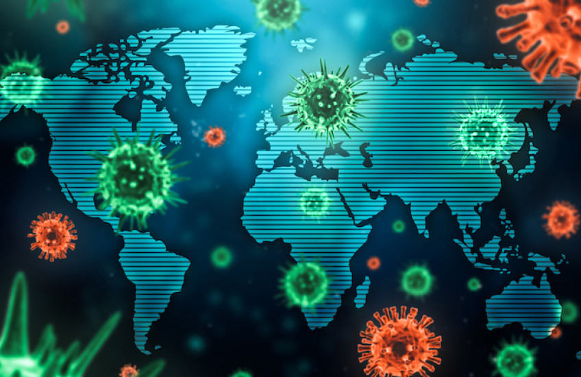 Colorful illustration of coronaviruses superimposed over a world map