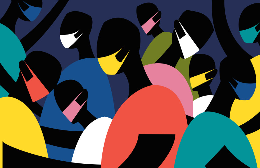 illustration of figures in colorful clothing wearing masks
