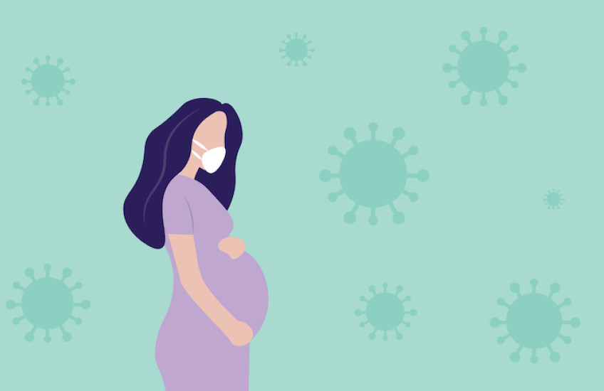 Illustration of pregnant woman wearing a mask with green background of coronaviruses
