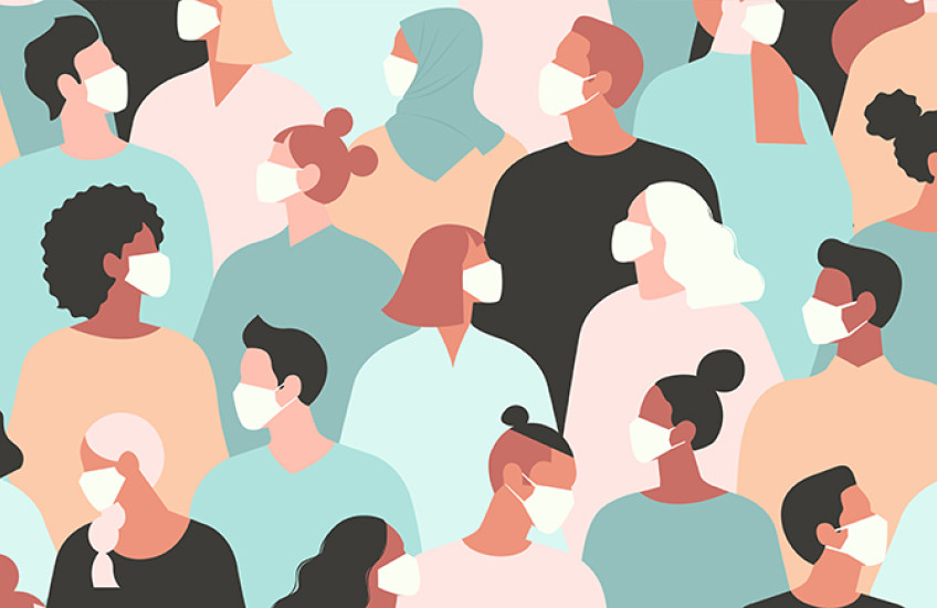 Artistic rendering of a diverse group of people wearing protective face masks