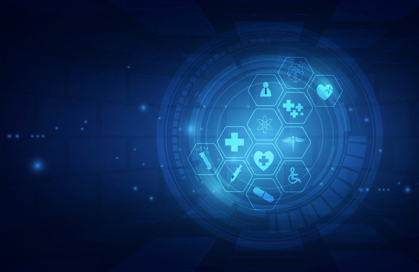 abstract image showing symbols of health care (stethoscope, heartbeat, syringe)  in bright blue drawing on dark blue background