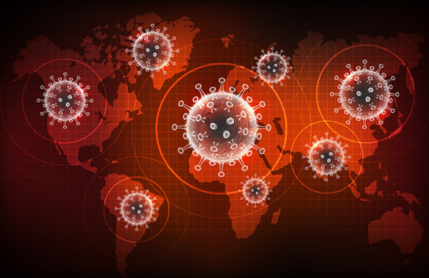Illustrations of coronavirus virons superimposed no a map of the world. 