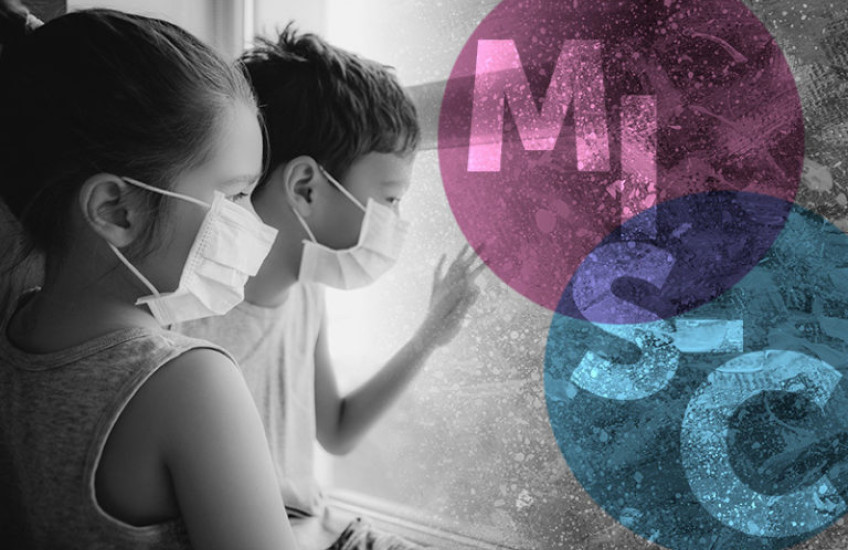 Black and white image of two children in surgical masks. To the side, pink and blue circles intersect with watermarked letters MIS-C