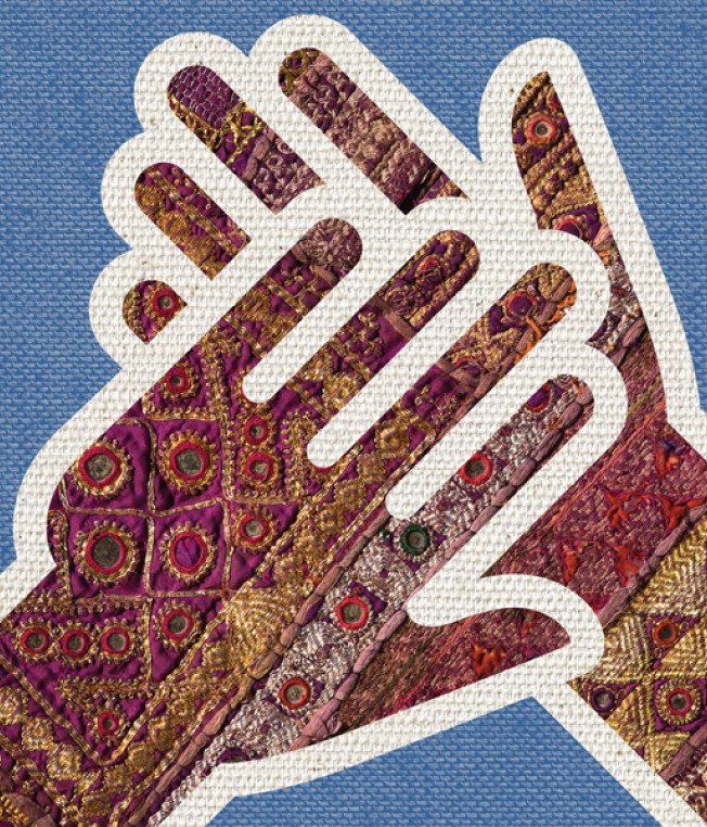 illustration of crossed hands with a textured knitted-looking surface