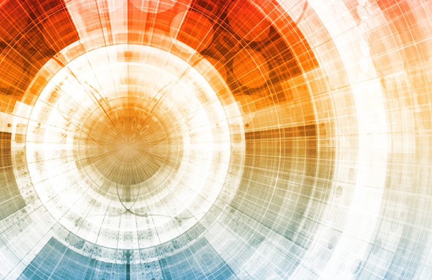 concentric digital design with orange and blue hues
