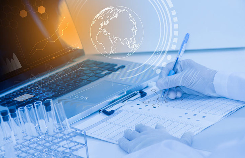 data, computer, test tubes, globe