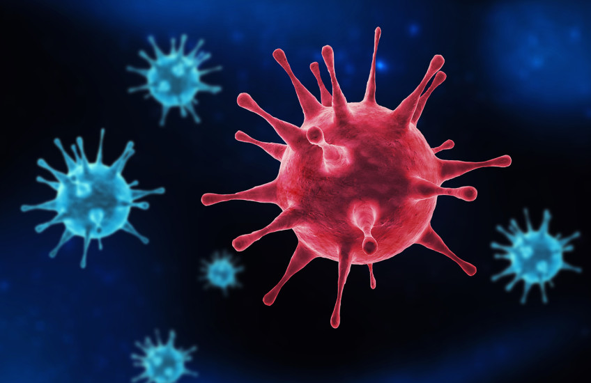 Illustration of several blue spherical virus particles with protruding spike proteins, and one red one.