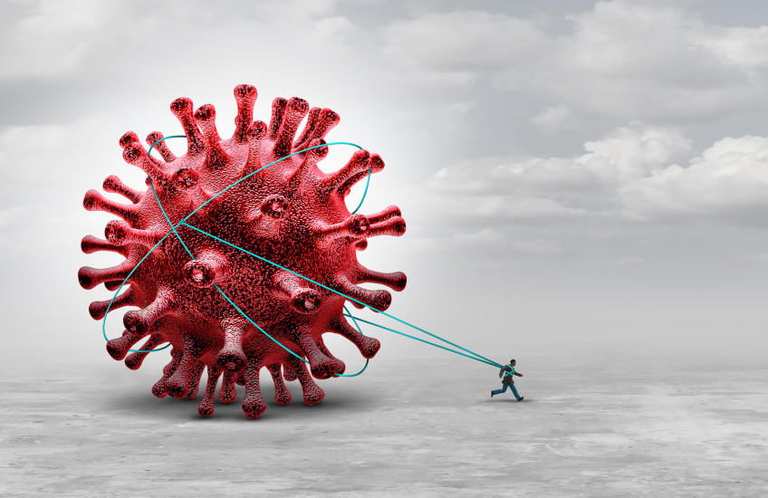 illustration of a large SARS-CoV-2 spike protein tethered to a person trying to walk away