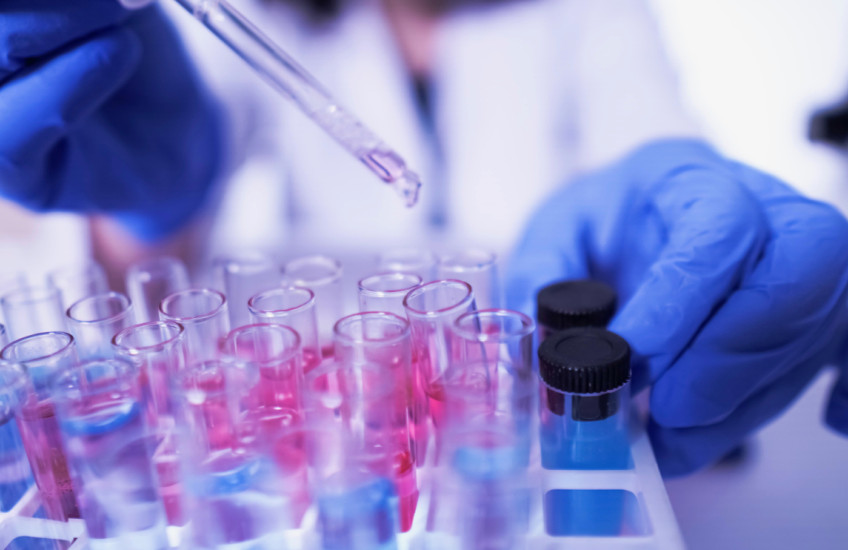 Gloved hands pipette fluid into vials in a rack.	