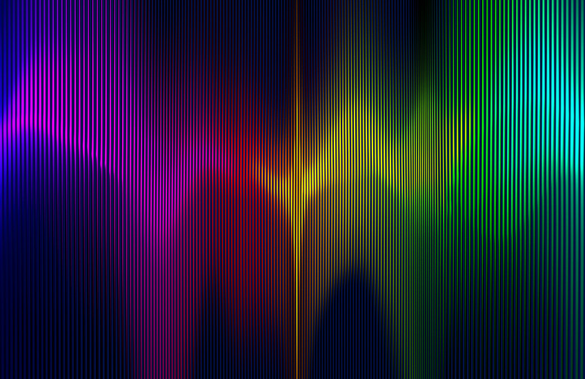 Rising and falling waves of blue, violet, red, orange, yellow and green lines.