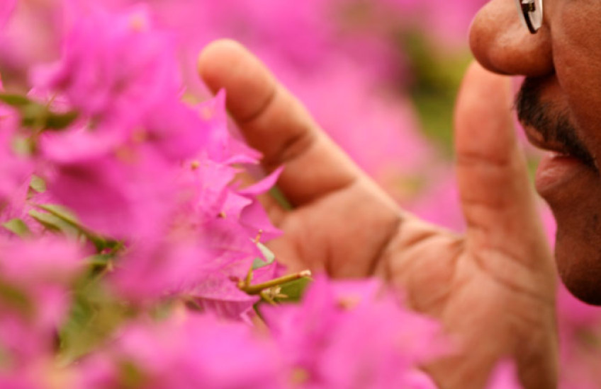 man smelling flowers