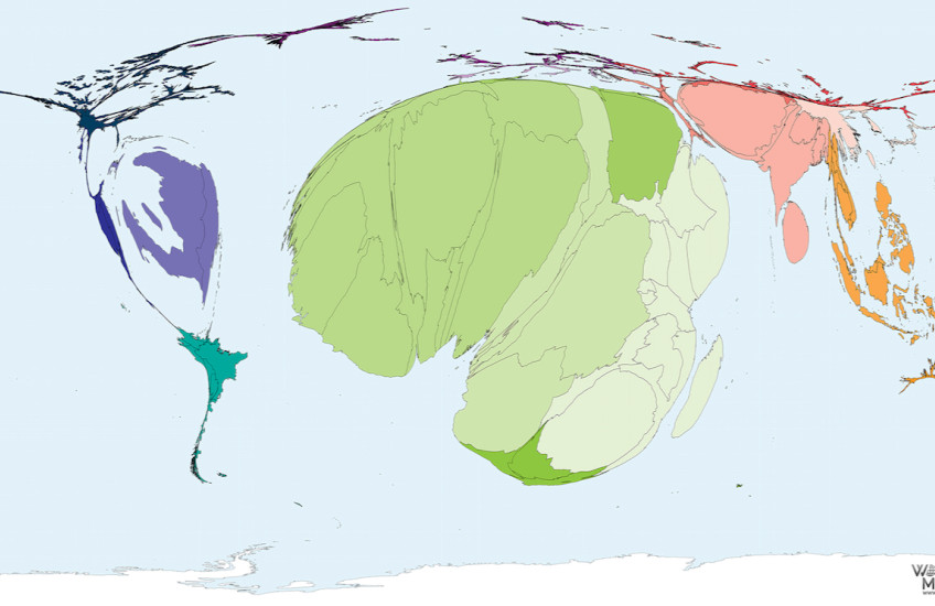 A map of the world distorted so that the countries with the most deaths from epidemic disease are the largest.