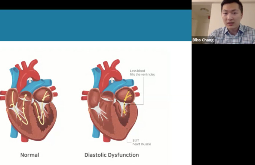 screen grab of Chang on video screen and slide with digital illustrations of a heart