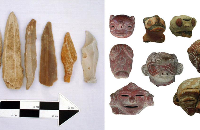 Side by side photographs show a line of stone arrowheads with a scale bar at bottom and a collection of ceramic figures in the shape of animal heads