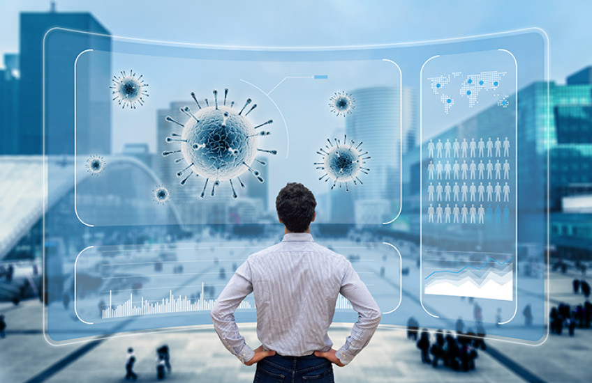 Person facing landscape and viral particles in the air