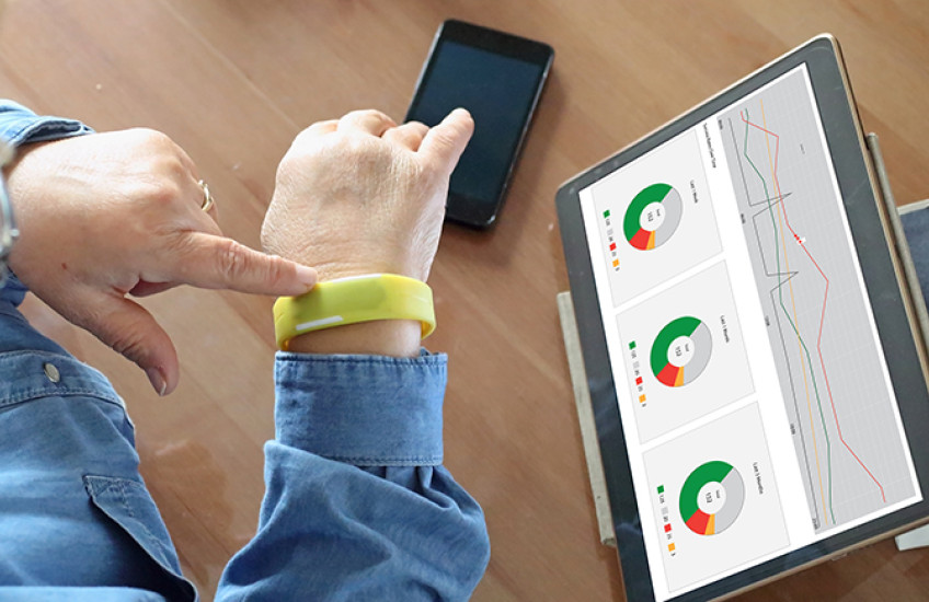 woman's wrist with smart watch and tablet with health data