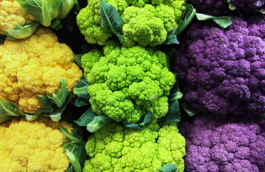 Brightly colored cauliflower crowns--yellow, green, purple