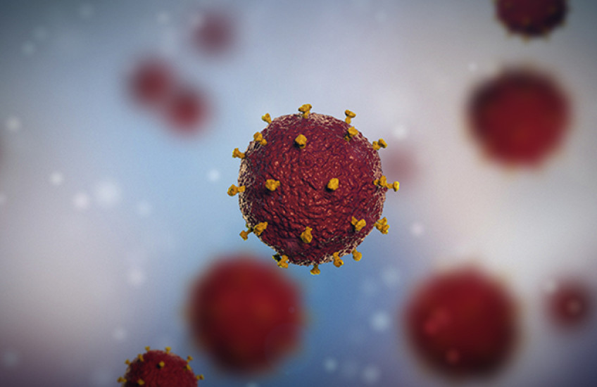 illustration of HIV particle in red with yellow envelope proteins sticking out of it