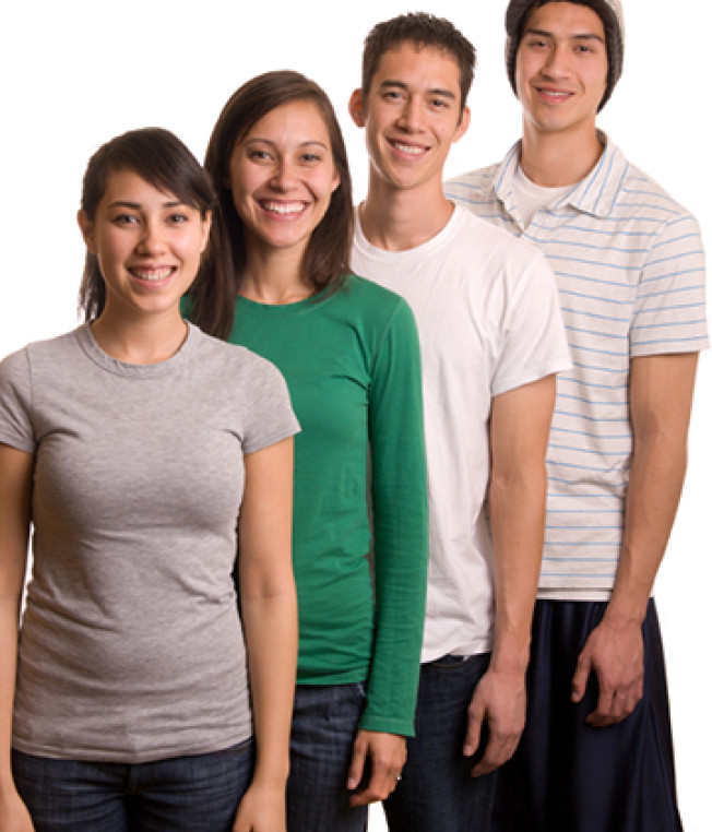 four young people stand close together. their heights rise by a few inches with each person